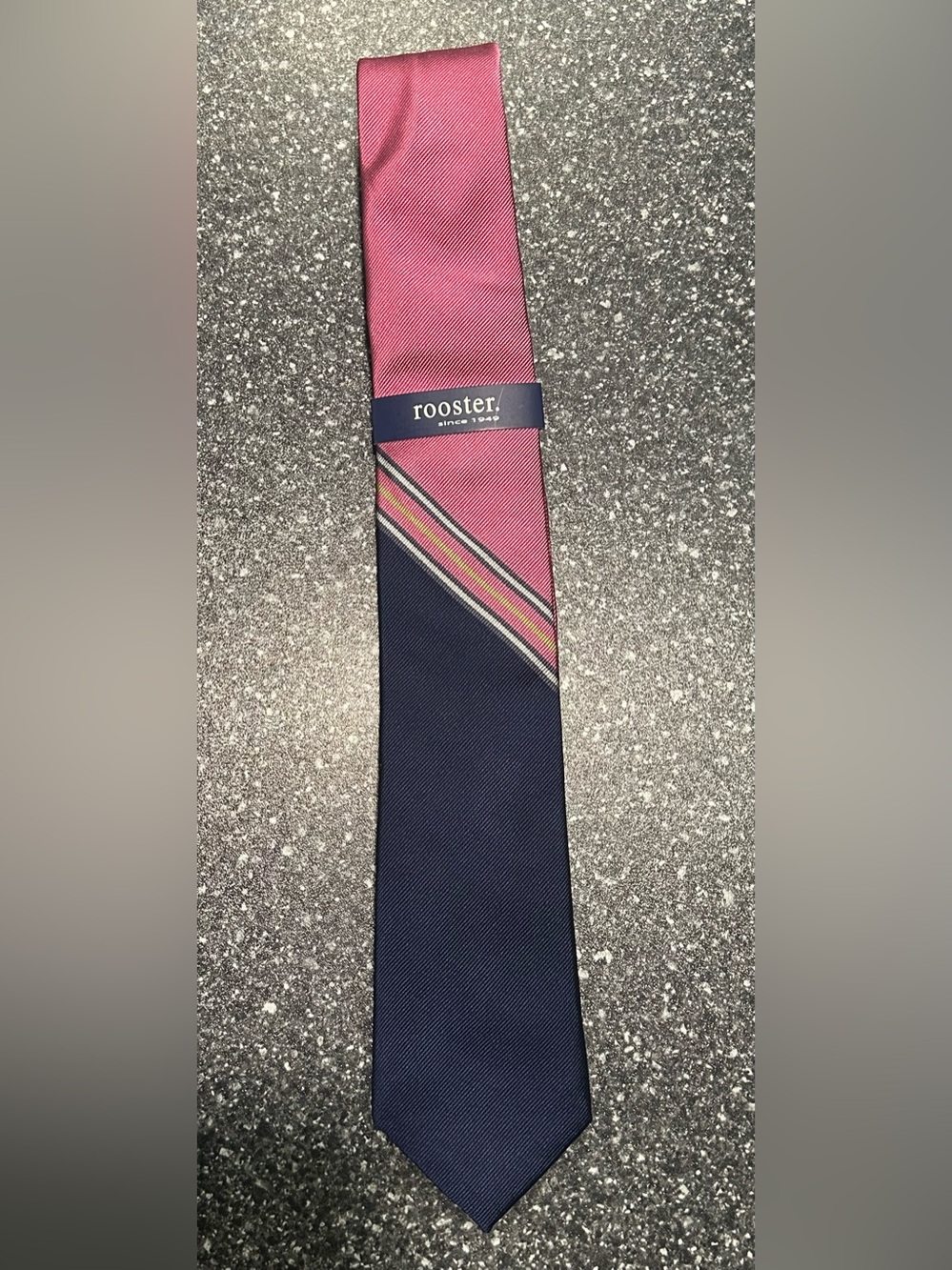 Rooster 100% Silk Pink Navy Striped Men’s Tie NWT